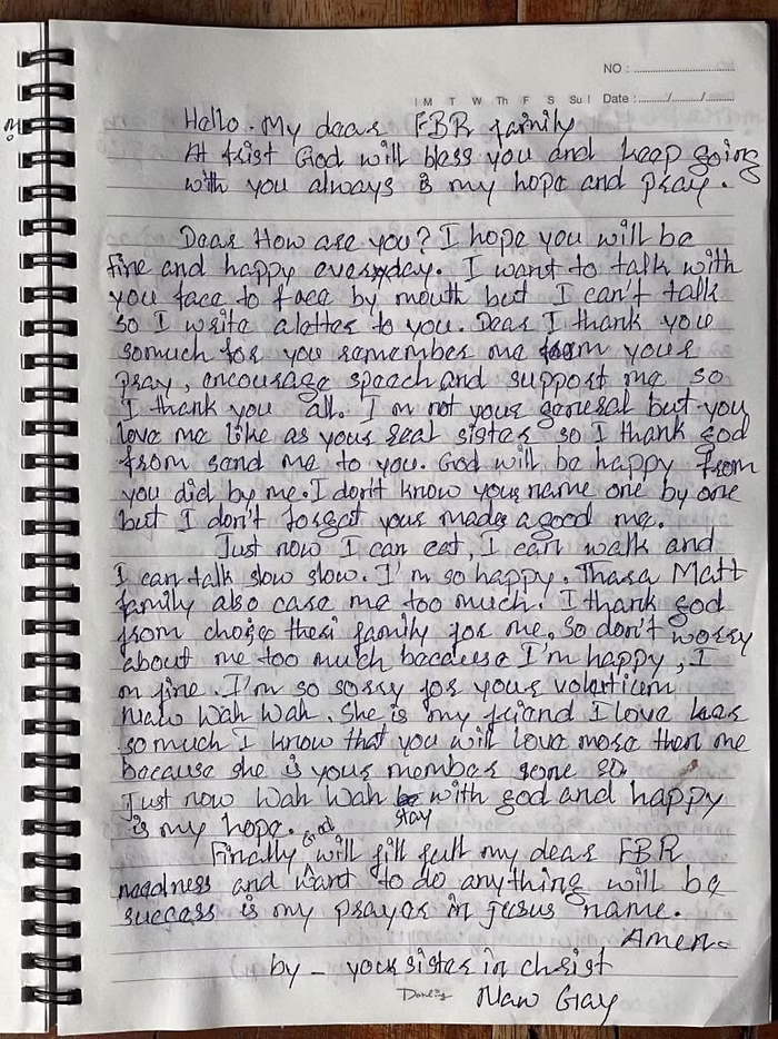 Handwritten letter by Karen medic Naw Gay composed during recovery after an air attack.